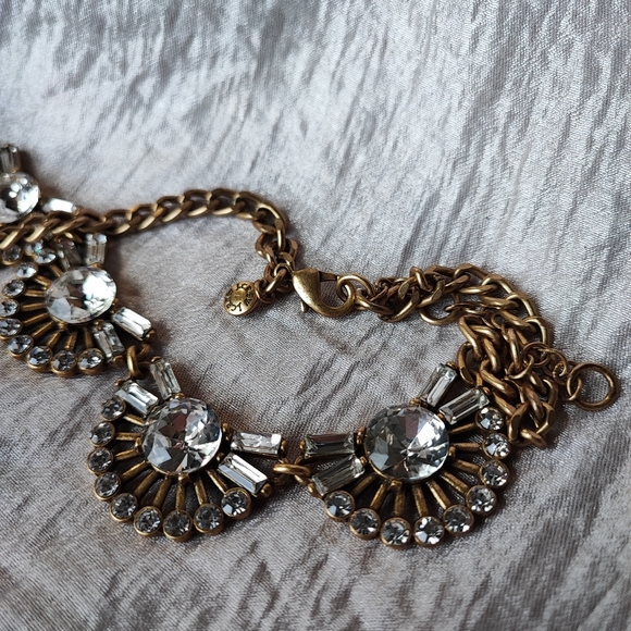 J. Crew Fan Baguette Crystal Clear Rhinestone Brass Tone Statement Necklace EUC - Picture 4 of 10